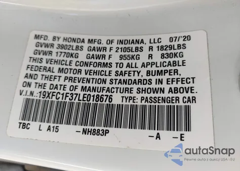 2020 Honda Civic Ex z USA, uszkodzony, nr VIN 19XFC1F37LE018676
